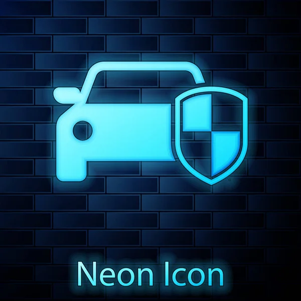 Glowing neon Car protection or insurance icon isolated on brick wall background. Protect car guard shield. Safety badge vehicle icon. Security auto label. Vector Illustration — Stock Vector