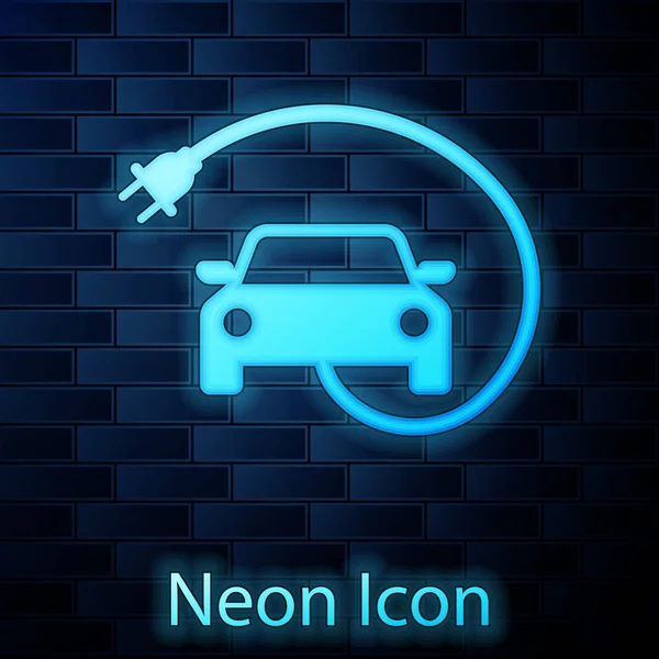 Leuchtende Neon-Elektroauto und elektrische Kabelstecker Ladesymbol isoliert auf Ziegelwand Hintergrund. erneuerbare Ökotechnologien. Vektorillustration — Stockvektor