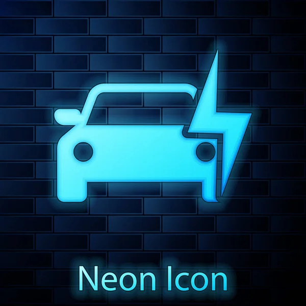 Glowing neon Electric car and electrical cable plug charging icon isolated on brick wall background. Renewable eco technologies. Vector Illustration — Stock Vector