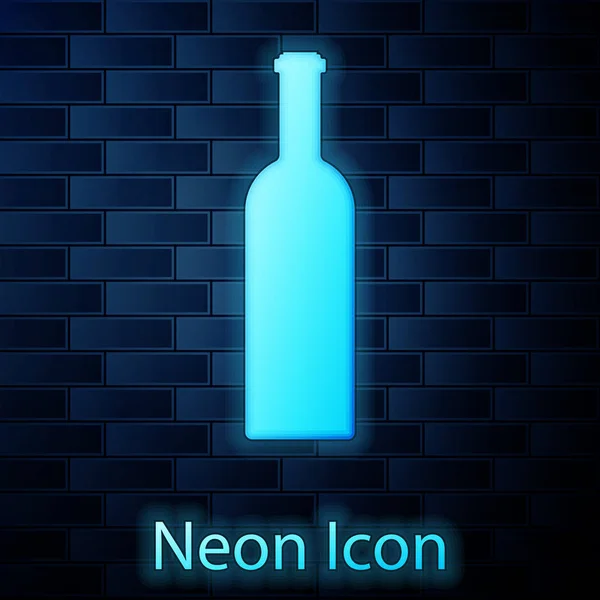 Lumineux néon Bouteille d'icône du vin isolée sur fond de mur de briques. Illustration vectorielle — Image vectorielle