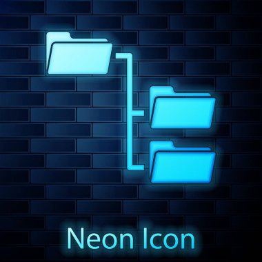 Parlayan Neon klasör ağacı simgesi tuğla duvar arka planda izole. Bilgisayar ağı dosya klasörü organizasyon yapısı akış şeması. Vektör Illustration