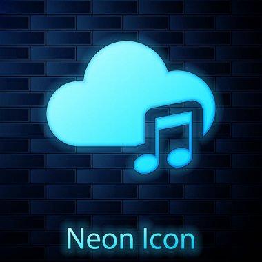 Parlayan Neon müzik akışı servis simgesi tuğla duvar arka planda izole. Ses bulut bilişim, online medya streaming, online şarkı, ses dalgası. Vektör Illustration