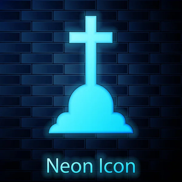 Neonový náhrobní kámen s křížovou ikonou izolovanou na pozadí cihlové zdi. Vážná ikona. Vektorová ilustrace — Stockový vektor