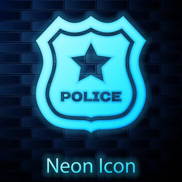 Lumineux néon icône badge de la police isolé sur fond de mur de briques. Panneau d'insigne du shérif. Illustration vectorielle — Image vectorielle