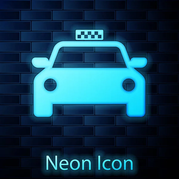 Gloeiende neon taxi auto icoon geïsoleerd op bakstenen muur achtergrond. Vector illustratie — Stockvector