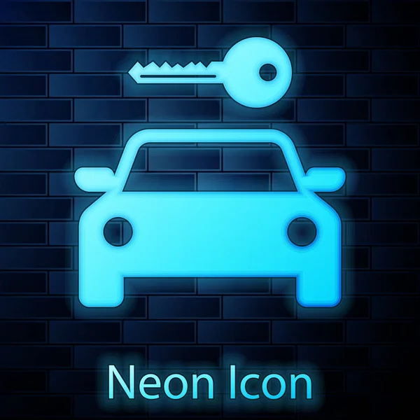 Glowing neon Car rental icon isolated on brick wall background. Rent a car sign. Key with car. Concept for automobile repair service, spare parts store. Vector Illustration — Stock Vector