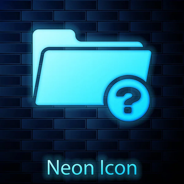 Glödande Neon okänd katalog ikon isolerad på tegel vägg bakgrund. Förstorings glas och mapp. Vektor illustration — Stock vektor
