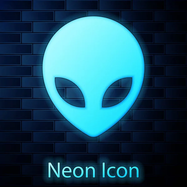 Lumineux néon icône extraterrestre isolé sur fond de mur de briques. Visage extraterrestre extraterrestre ou symbole de tête. Illustration vectorielle — Image vectorielle