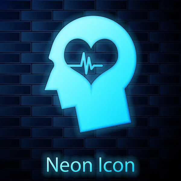 Neon incandescente testa maschile con un'icona del battito cardiaco isolata su sfondo muro di mattoni. Testa con salute mentale, assistenza sanitaria e segno medico. Illustrazione vettoriale — Vettoriale Stock