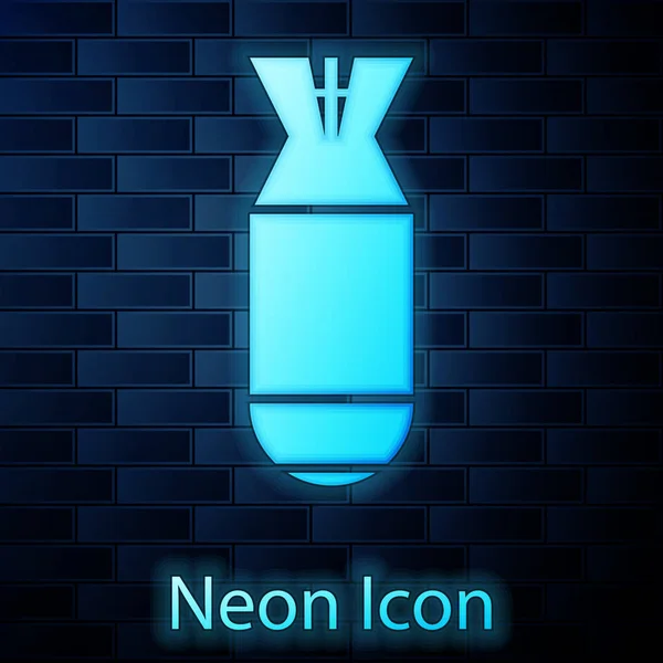 Gloeiende neon luchtvaart bom icoon geïsoleerd op bakstenen muur achtergrond. Rocket Bomb vliegt naar beneden. Vector illustratie — Stockvector