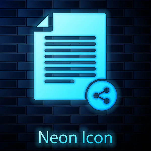 Leuchtende Neon-Share-Datei-Symbol isoliert auf Ziegelwand Hintergrund. Filesharing. Dateiübertragungszeichen. Vektorillustration — Stockvektor