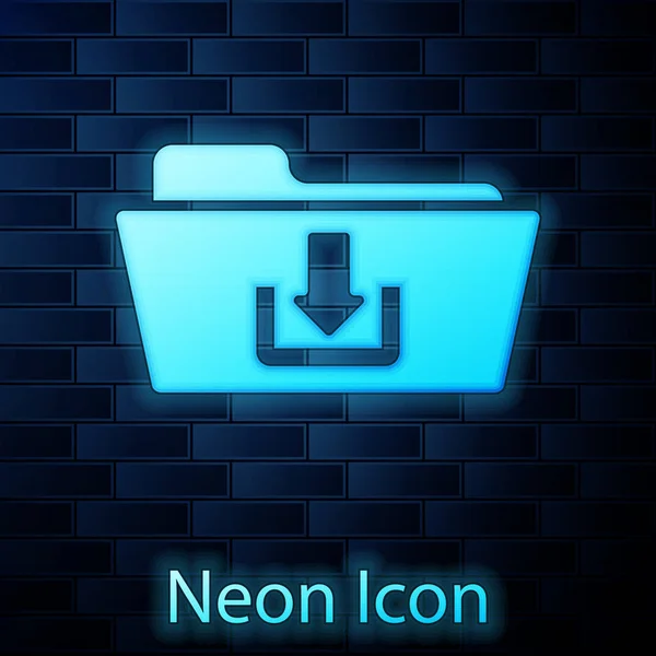 Leuchtende Neon-Ordner Download-Symbol isoliert auf Backsteinwand Hintergrund. Vektorillustration — Stockvektor