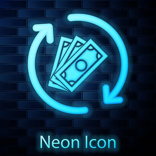 Leuchtendes Neon-Geld-Symbol isoliert auf Ziegelwand-Hintergrund. Finanzdienstleistungen, Cash-Back-Konzept, Geldrückerstattung, Kapitalrendite, Sparkonto. Vektorillustration — Stockvektor