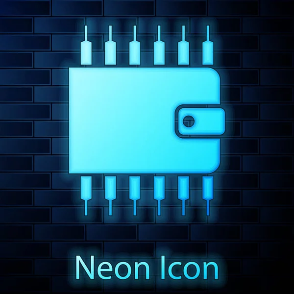 Gloeiende neon Cryptocurrency portemonnee icoon geïsoleerd op bakstenen muur achtergrond. Portemonnee en bitcoin teken. Mining concept. Geld, betaling, contant geld, pay icon. Vector illustratie — Stockvector