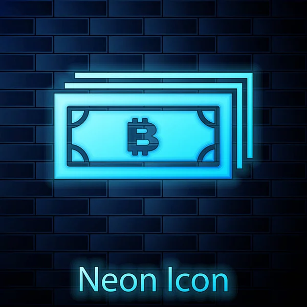Parlak neon cryptocurrency kavramı Bitcoin daire içinde mikroçip devre simgesi tuğla duvar arka planda izole. Blockchain teknolojisi, dijital para piyasası. Vektör Illustration — Stok Vektör