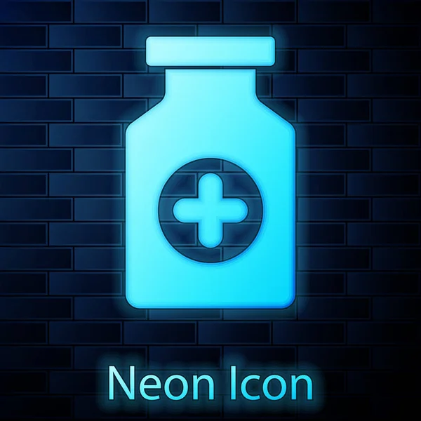 Leuchtende Neon-Medizin Flasche Symbol isoliert auf Backsteinwand Hintergrund. Flaschentablettenschild. Apothekendesign. Vektorillustration — Stockvektor