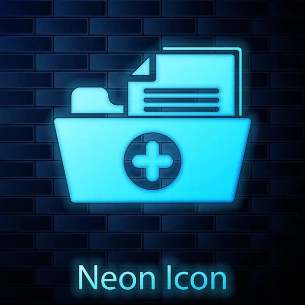 Glowing neon Medical health record folder for healthcare icon isolated on brick wall background. Patient file icon. Medical history symbol. Vector Illustration