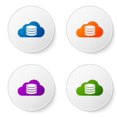 Renkli bulut veritabanı simgesi beyaz arka planda yalıtılmış. Bulut bilişim konsepti. Veri aktarımı ile dijital hizmet veya uygulama. Daire düğmelerinde renk simgesini ayarlayın. Vektör Illustration