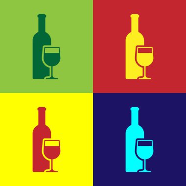 Renk arka plan üzerinde izole şarap cam simgesi ile renkli şarap şişesi. Düz tasarım. Vektör Illustration