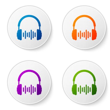 Beyaz arka planda renk kulaklık ve ses dalgaları simgesi. Kulaklık işareti. Müzik, hizmet, iletişim ve operatör dinlemek için konsept nesne. Daire düğmelerinde renk ayarlayın. Vektör Illustration