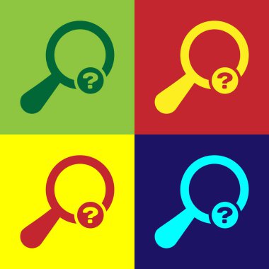 Renk arka plan üzerinde izole renkli bilinmeyen arama simgesi. Büyüteç cam ve soru işareti. Düz tasarım. Vektör Illustration