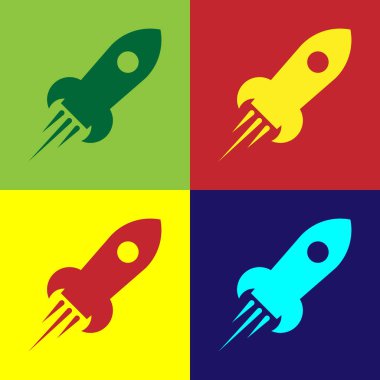 Renk arka plan üzerinde izole Yangın simgesi ile renkli roket gemisi. Uzay yolculuğu. Düz tasarım. Vektör Illustration