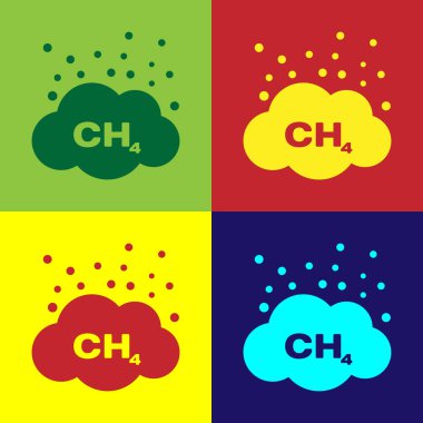 Renkli arka planlar üzerinde izole metan emisyonlarının azaltılması simgesi renk. Ch4 molekül modeli ve kimyasal formülü. Bataklık gazı. Doğal gaz. Düz tasarım. Vektör çizim