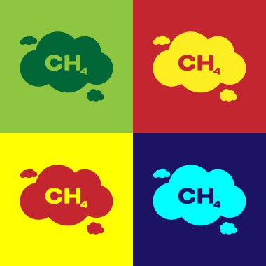 Renkli arka planlar üzerinde izole metan emisyonlarının azaltılması simgesi renk. Ch4 molekül modeli ve kimyasal formülü. Bataklık gazı. Doğal gaz. Düz tasarım. Vektör çizim