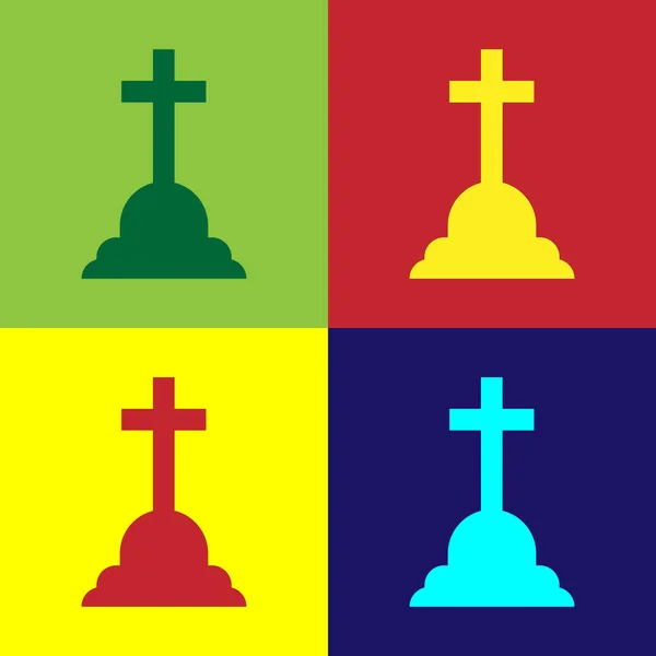 Color Tombstone with cross icon isolated on color backgrounds. Grave icon. Flat design. Vector Illustration — Stock Vector