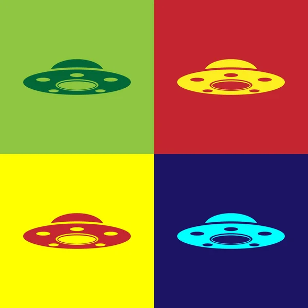 Color UFO flying spaceship icon isolated on color backgrounds. Flying saucer. Alien space ship. Futuristic unknown flying object. Flat design. Vector Illustration — Stock Vector