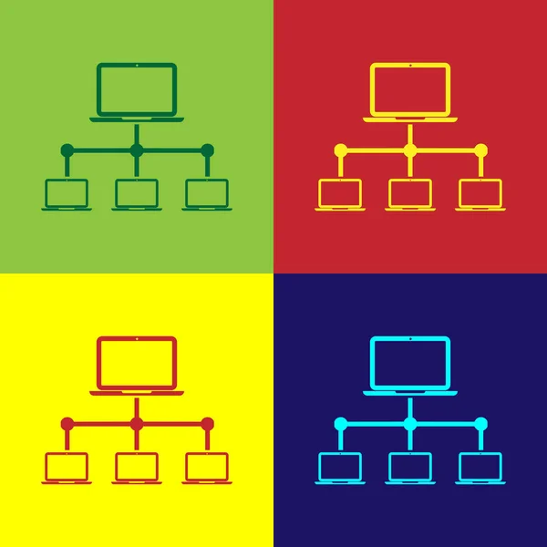 Color Icono de red de computadora aislado en fondos de color. Red de computadoras portátiles. Conexión a Internet. Diseño plano. Ilustración vectorial — Vector de stock