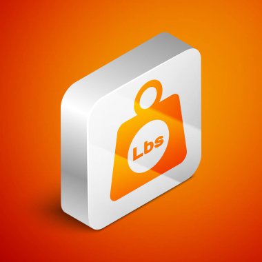 Isometric Weight pounds icon isolated on orange background. Pounds weight block for weight lifting and scale. Mass symbol. Silver square button. Vector Illustration clipart