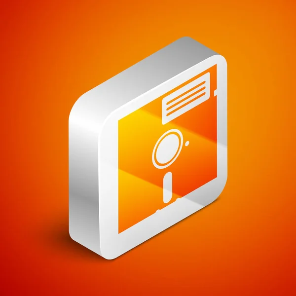 ISO metrisk diskett i 5,25-tums ikon isolerad på orange bakgrund. Diskett för lagring av dator data. Diskett skylt. Silver fyrkantig knapp. Vektor illustration — Stock vektor