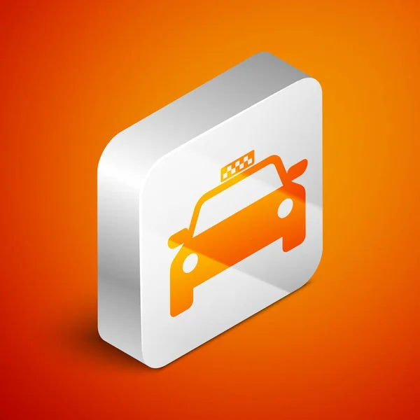 Isometric Taxi car icon isolated on orange background. Silver square button. Vector Illustration