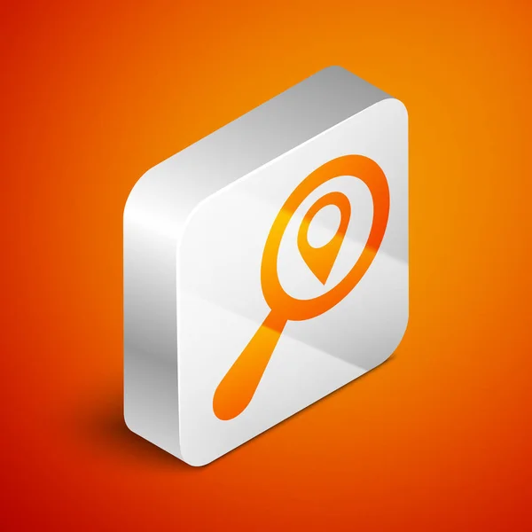 Isometric Search location icon isolated on orange background. Magnifying glass with pointer sign. Silver square button. Vector Illustration