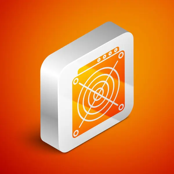 Isometric ASIC Miner icon isolated on orange background. Cryptocurrency mining equipment and hardware. Application specific integrated circuit. Silver square button. Vector Illustration — Stock Vector