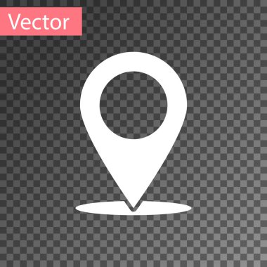 Beyaz harita PIN simgesi üzerinde şeffaf arka plan izole. İşaretçi simgesi. Yer işareti. Navigasyon haritası, gps, yön, yer, Pusula, ilgili kişi, arama kavramı. Vektör çizim
