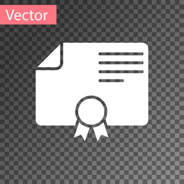 Beyaz sertifika şablon simgesi üzerinde şeffaf arka plan izole. Derecesi simgesi. Başarı, ödül, grant, diploma kavramları. İş başarı sertifikası. Vektör çizim