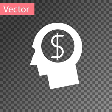 Beyaz iş adamı zihin simgesi üzerinde şeffaf arka plan izole planlama. Dolar simgesi olan insan kafası. Para kazanmak için bir fikir. İş yatırım büyüme kavramı. Vektör çizim
