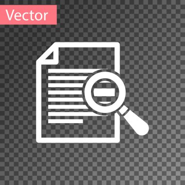 Saydam arka plan üzerinde izole arama simgesi olan beyaz belge. Dosya ve Büyüteç simgesi. Analytics işareti araştırma. Vektör çizim