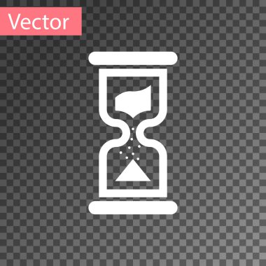 Saydam arka plan üzerinde izole akan kum simgesi olan beyaz eski kum saati. Kum saati işareti. İş ve zaman yönetimi kavramı. Vektör çizim