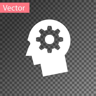 Beyaz insan kafası dişli simgesini şeffaf arka plan üzerinde izole içinde ile. Yapay zeka. Düşünme beyin işareti. Sembol beyin eseri. Vektör çizim