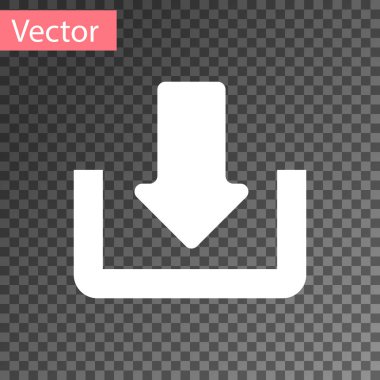 Beyaz download simgesi şeffaf arka planda yalıtılmış. Yükleme düğmesi. Yükleme sembolü. Ok aşağı işaret. Vektör Illustration