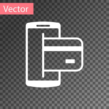Beyaz NFC ödeme simgesi şeffaf arka planda yalıtılmış. Mobil ödeme. NFC akıllı telefon kavramı. Transfer simgesi. Vektör Illustration