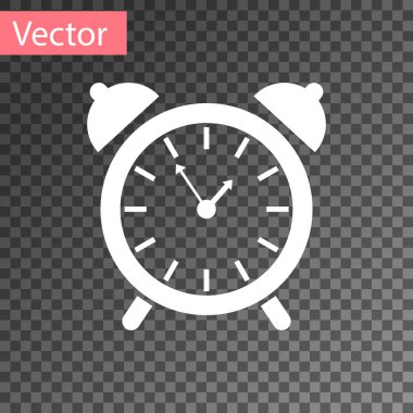 Beyaz alarm saat simgesi şeffaf arka planda izole. Uyan, kavramı kalk. Zaman işareti. Vektör Illustration