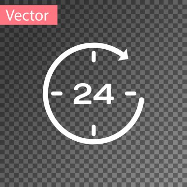 Beyaz saat 24 saat simgesi şeffaf arka planda izole. Tüm gün döngüsel simge. 24 saat servis sembolü. Vektör Illustration