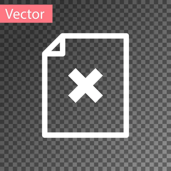 Fehér törlés fájl dokumentum ikon izolált átlátszó háttérrel. A dokumentum ikonja visszautasítva. Kereszt papíron. Vektoros illusztráció — Stock Vector