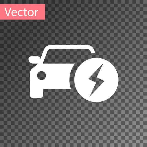 Witte elektrische auto en elektrische kabel plug opladen icoon geïsoleerd op transparante achtergrond. Hernieuwbare Eco-technologieën. Vector illustratie — Stockvector