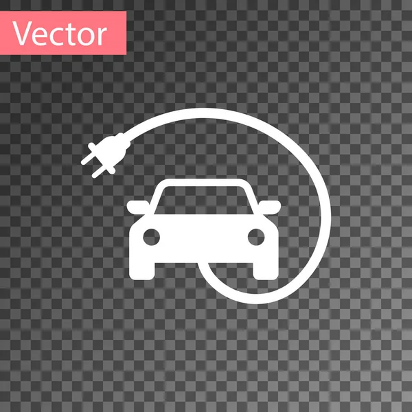 Icono de carga de coche eléctrico blanco y enchufe de cable eléctrico aislado sobre fondo transparente. Tecnologías ecológicas renovables. Ilustración vectorial — Vector de stock