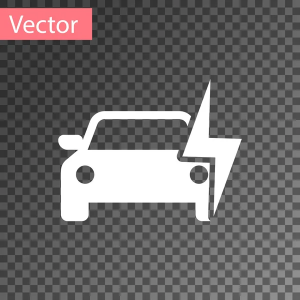 Icono de carga de coche eléctrico blanco y enchufe de cable eléctrico aislado sobre fondo transparente. Tecnologías ecológicas renovables. Ilustración vectorial — Vector de stock